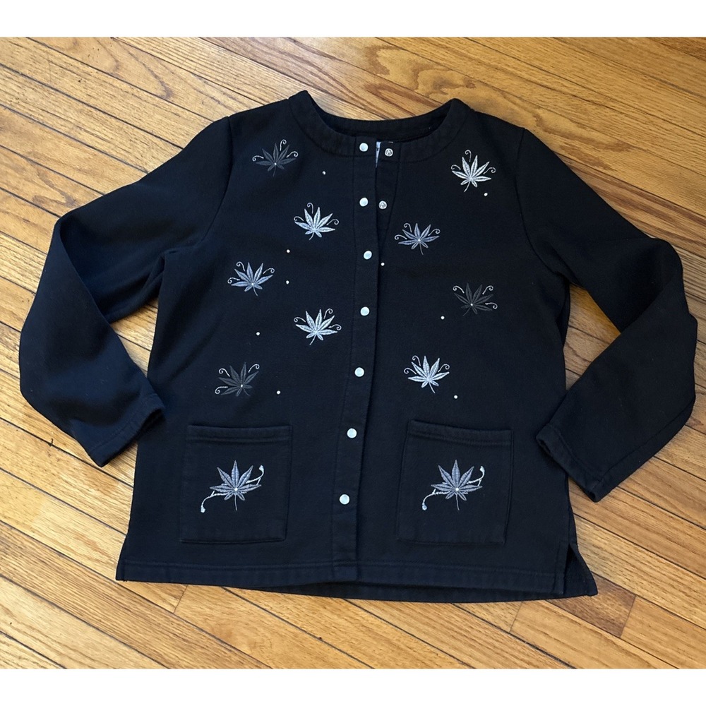 Breckenridge Fleece Cardigan Pearl Snaps Black Embroidered Cottagecore Size M